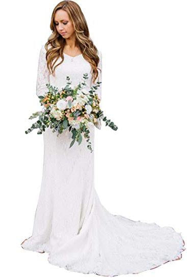 Vintage A Line Bohemian Lace Chiffon 3/4 Sleeve Scoop Wedding Gowns Bridal Dresses WK277