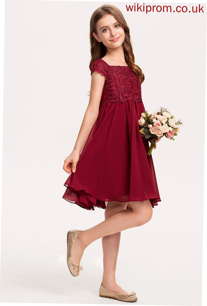Chiffon Bow(s) A-Line Off-the-Shoulder Lace Knee-Length Mimi Junior Bridesmaid Dresses With