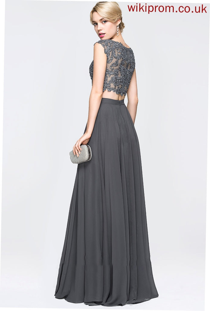 Beading Prom Dresses With Neck Tiara Floor-Length Scoop Sequins A-Line Chiffon