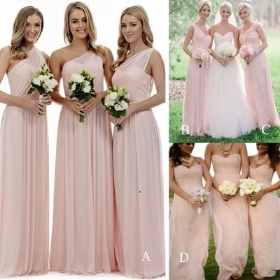 Long Light Pink Mismatched A-Line One Shoulder Sleeveless Elegant Bridesmaid Dresses WK523