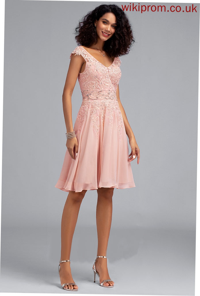 Homecoming Dresses Knee-Length Lace A-Line V-neck Tiara Homecoming Chiffon With Dress Beading