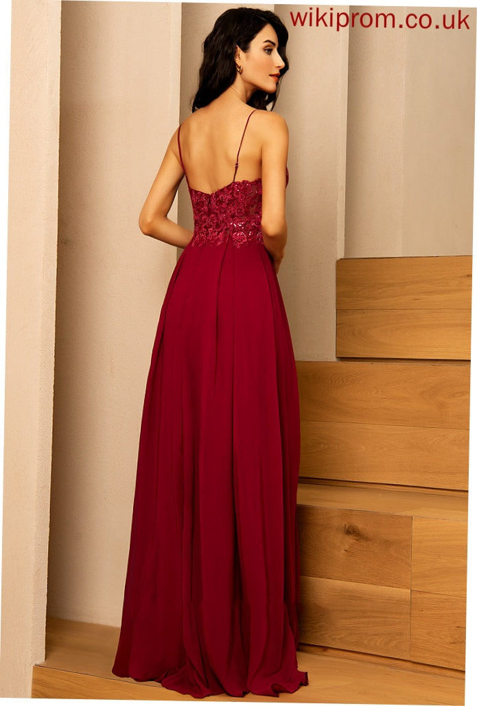 Floor-Length With Split V-neck Lace A-Line Prom Dresses Chiffon Sequins Johanna Front