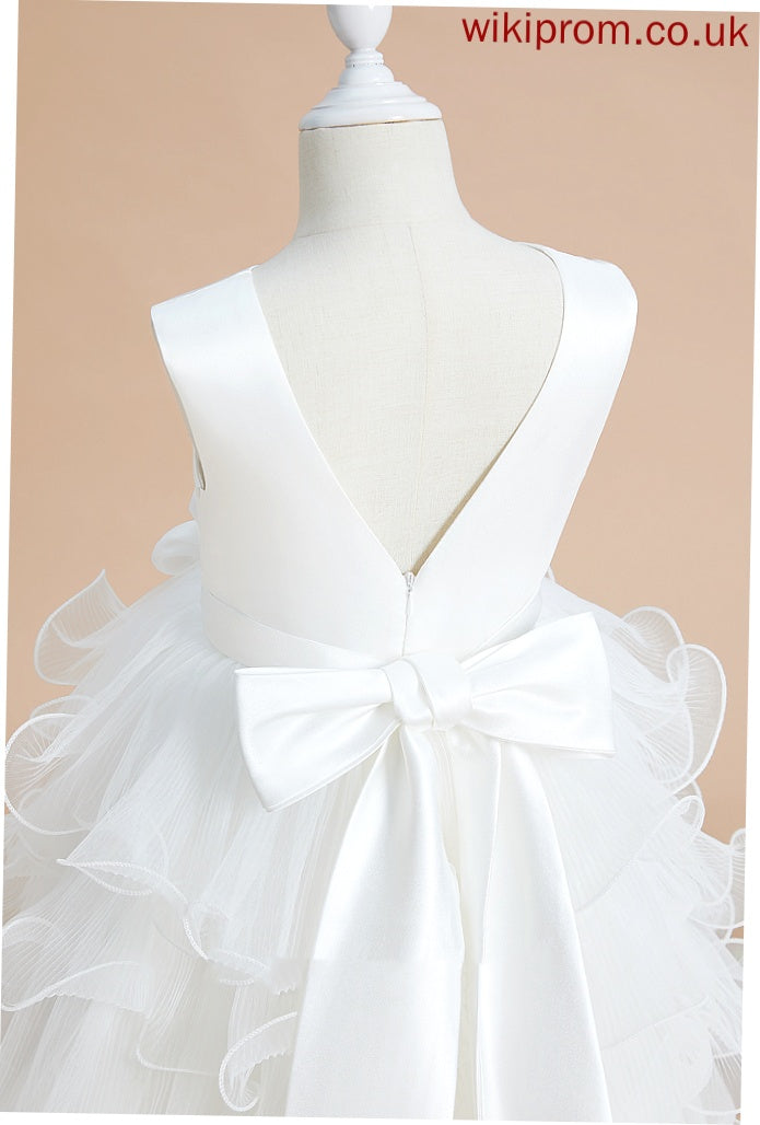 Flower Girl Dresses Flower Ball-Gown/Princess Tea-length Lilian Bow(s) V-neck With - Dress Satin/Tulle Girl Sleeveless
