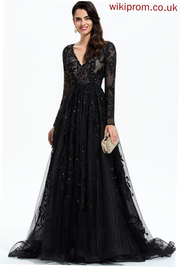 Train With Lace Gabrielle Prom Dresses Ball-Gown/Princess Sweep Tulle V-neck Sequins