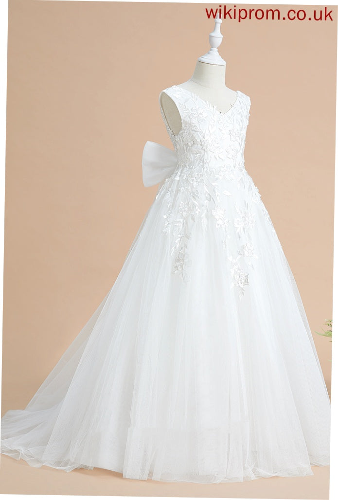 Flower With Ball-Gown/Princess Girl Bow(s) Tulle/Lace Train Flower Girl Dresses Sweep - Milagros V-neck Sleeveless Dress