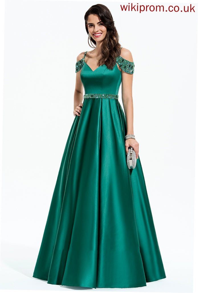 With Beading Sequins Ball-Gown/Princess Satin Floor-Length Hortensia Prom Dresses V-neck
