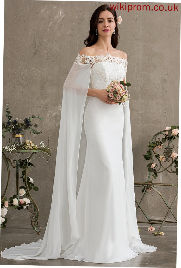 Chiffon Danna Wedding With Train Wedding Dresses Dress Sheath/Column Lace Lace Court Off-the-Shoulder