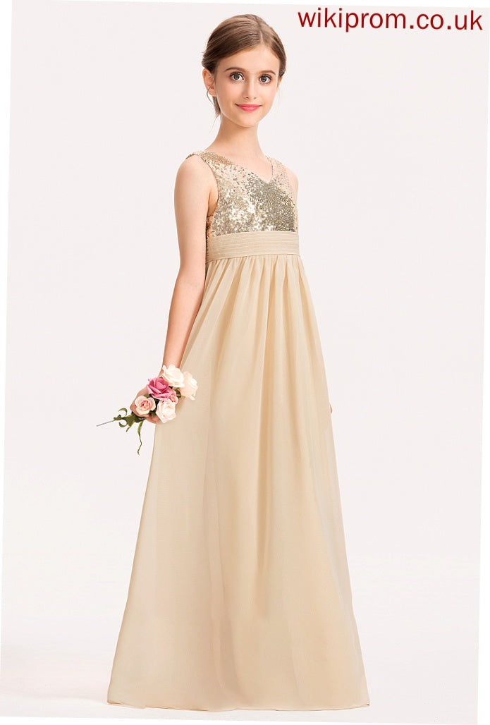 Chiffon With A-Line Ruffle Junior Bridesmaid Dresses V-neck Sequined Floor-Length Jayla