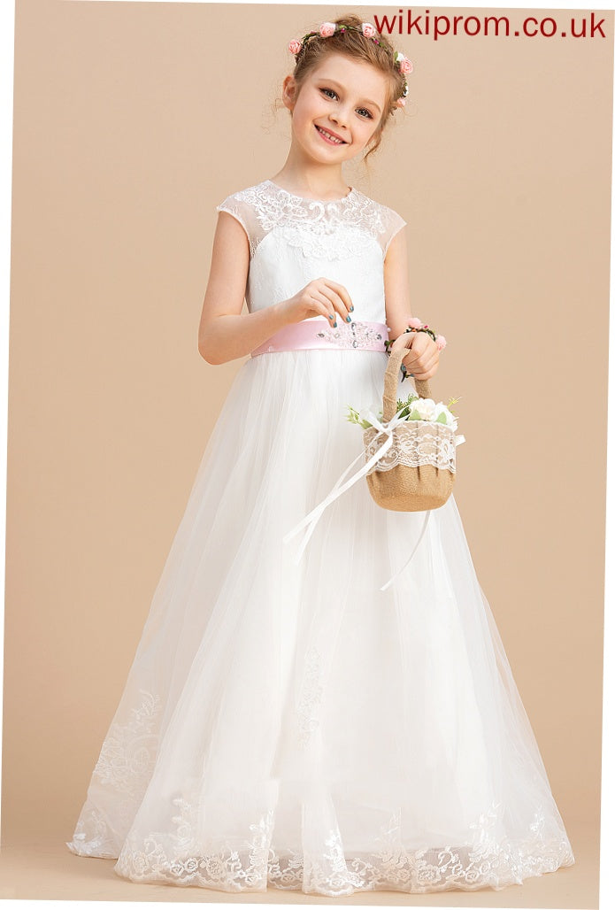(Petticoat Sash/Beading/Appliques/Bow(s) Dress Tulle/Lace - With Flower Girl Dresses Tamia Neck Girl included) Flower Floor-length NOT Scoop Ball-Gown/Princess Sleeveless