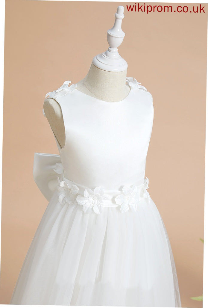 Flower(s)/Bow(s) Girl Satin/Tulle Neck Scoop Dress With A-Line Flower Girl Dresses Floor-length Sleeveless Flower Lacey -