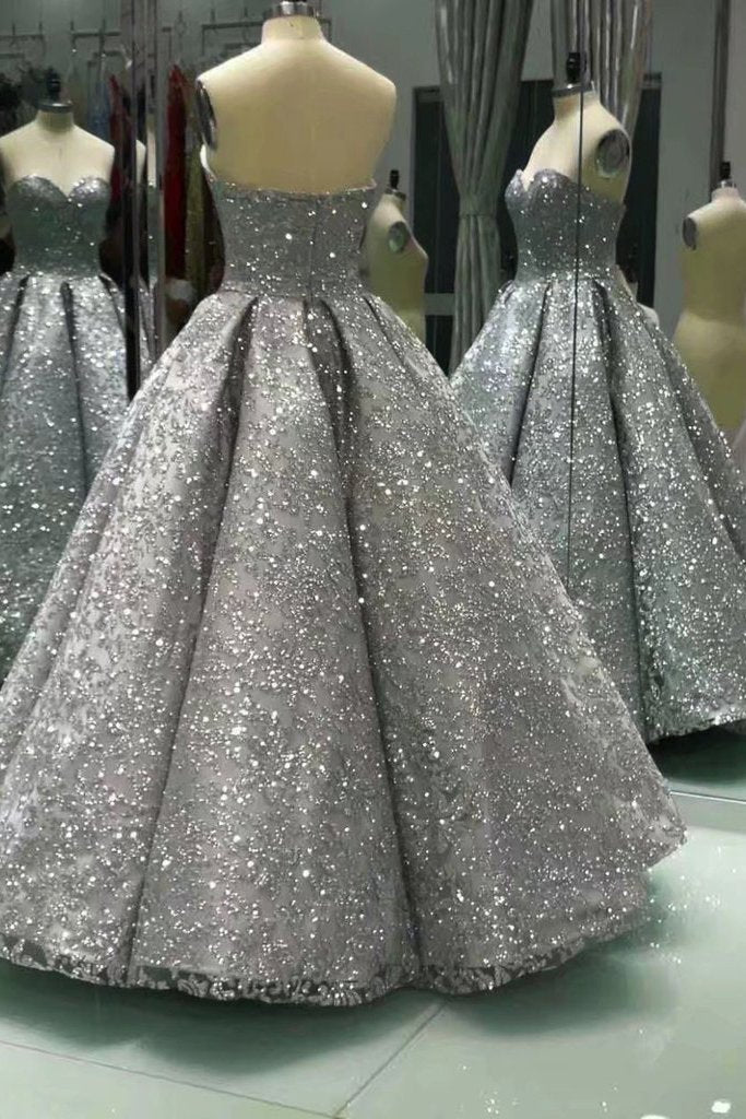 Sweetheart Gray Sleeveless Long Sequins Strapless Ball Gown Shiny Winter Prom Dresses WK575