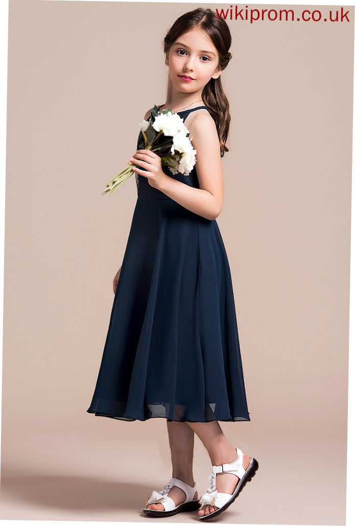 Chiffon With Ruffle A-Line Lace Neck Junior Bridesmaid Dresses Tea-Length Daniella Scoop