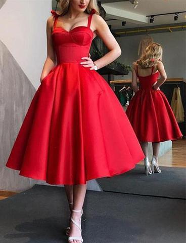 A-Line Spaghetti Straps Tea-Length Red Satin Prom Homecoming Dresses with Pockets WK86