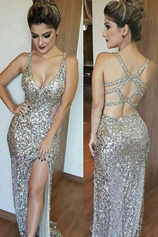 Luxurious Mermaid Long with Side Slit Sexy Backless Sequin V-Neck Sleeveless Prom Dresses WK772