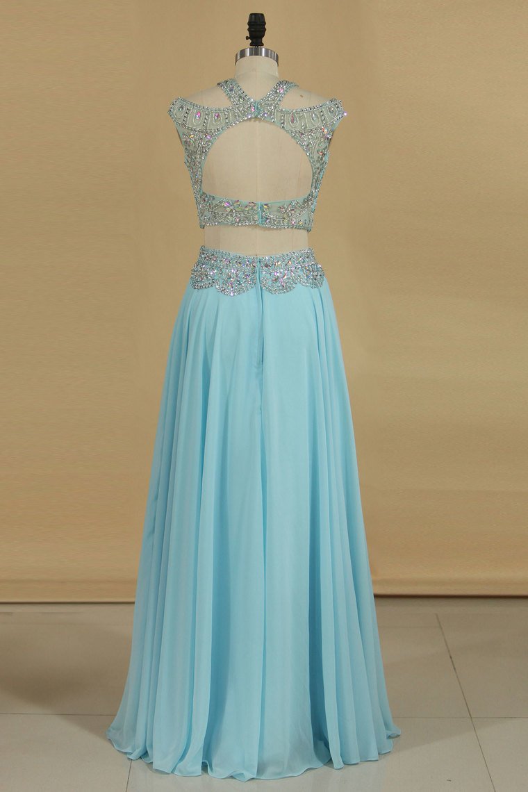 A Line Prom Dresses Two Pieces Scoop Beaded Bodice Chiffon Sweep Train Open Back