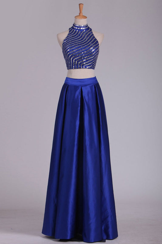 Two Pieces Prom Dresses High Neck Satin With Rhinestones And Slit
