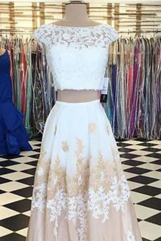 A-line Two Piece Long Floor Length Scoop White Lace Prom Dresses with Open Back WK774