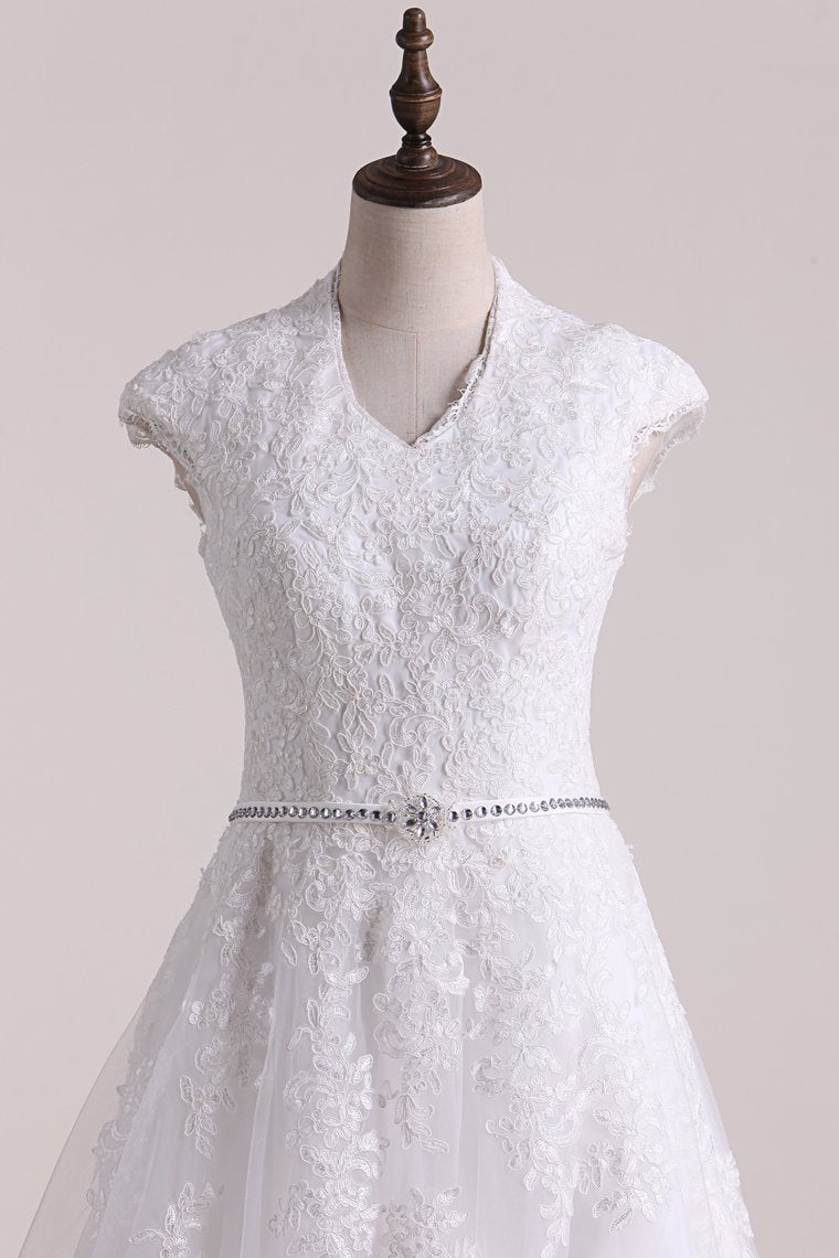 A Line V Neck With Applique Wedding Dresses Tulle Court Train