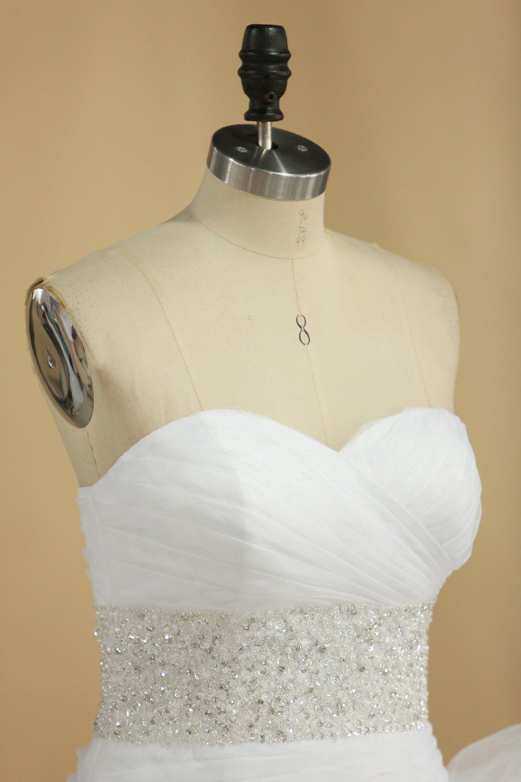 A Line Wedding Dress Sweetheart Ruffles Court Train Beaded Belt Covered Buttons