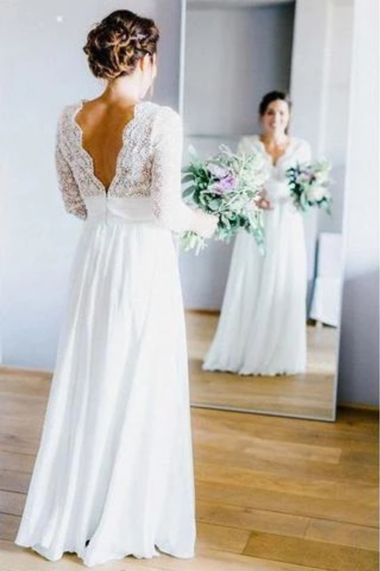 3/4 Sleeves Chiffon Beach Wedding Dress With Lace, V Neck Backless Bridal Dress
