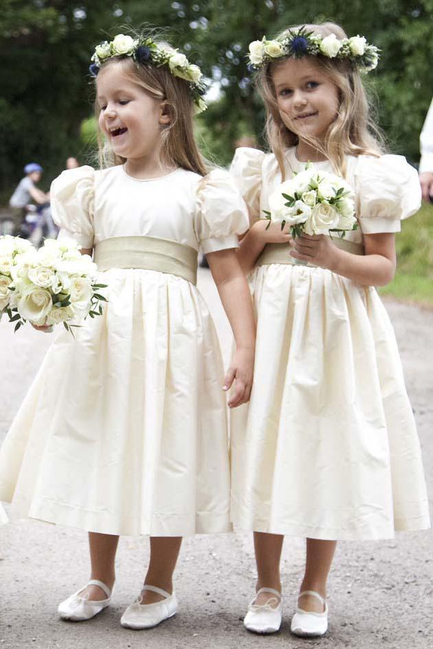 Vintage Juliet Sleeves Tea Length Round Neck Satin Flower Girl Dresses, Little Dresses SWK15606