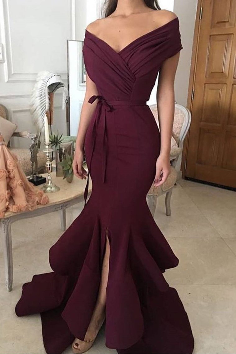 Off The Shoulder Evening Dresses Mermaid Satin With Sash And Slit Sweep Train