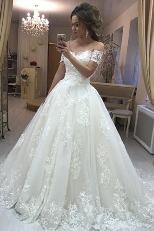 Gorgeous Ball Gown Off the Shoulder Sweetheart Open Back Tulle Lace Wedding Dresses WK205