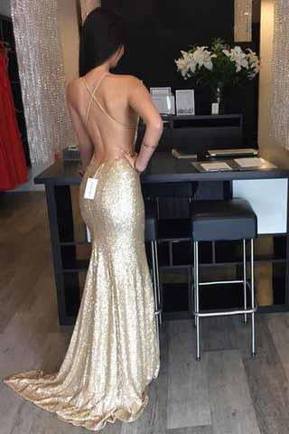 2024 Backless Sequin Mermaid Gold Long Custom Criss Cross Sleeveless Prom Dresses WK941