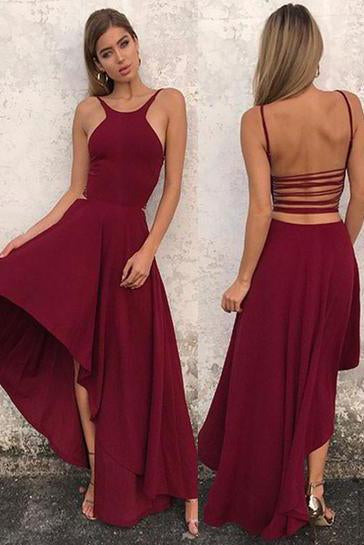 Unique A Line Burgundy High Low Sleeveless Backless Prom Dresses, Cheap Evening Dresses SWK15450