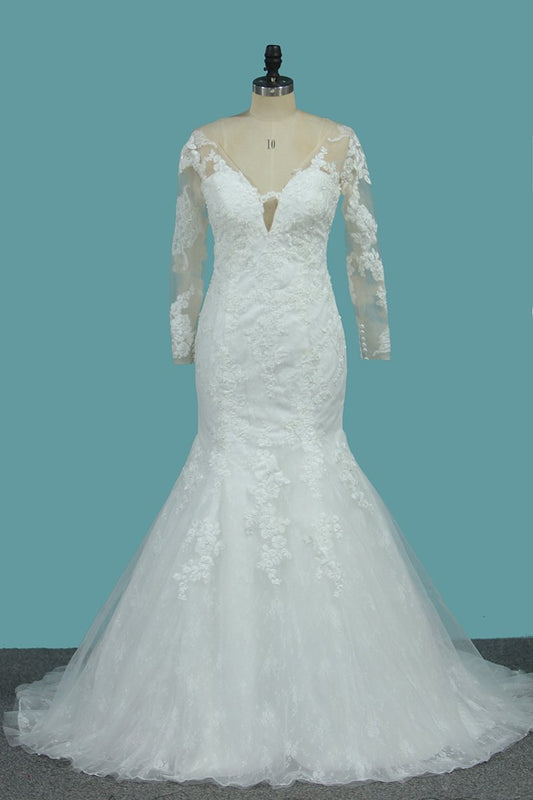 Lace Mermaid V Neck Long Sleeve Wedding Dresses With Applique