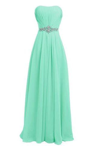 Cheap Classy Mint A-line Strapless Beading Chiffon Sleeveless Pleat Long Prom Dresses WK774