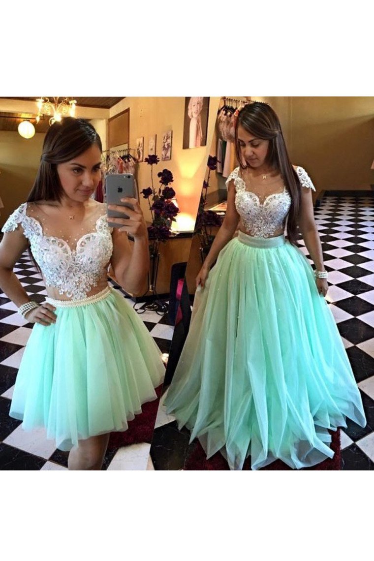 Scoop Prom Dresses A Line Tulle With Applique And Beads Sweep Train Detachable