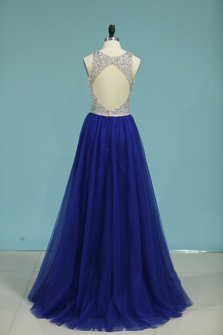 A Line Scoop Beaded Bodice Prom Dresses Open Back Tulle Sweep Train