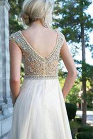 Boat Neck Cap Sleeves Beads Chiffon Long Cheap Long Sexy Backless Prom Dresses WK95