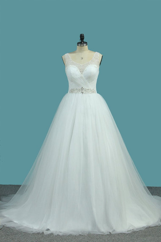 A Line Tulle V Neck With Beads And Ruffles Open Back Wedding Dresses