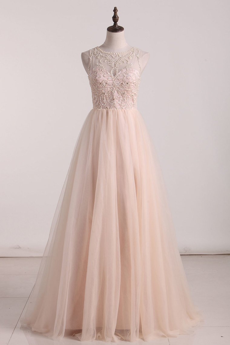 New Arrival Scoop Beaded Bodice Prom Dresses Tulle A Line