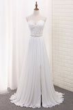 2022 A Line Chiffon Sweetheart Wedding Dresses With Applique And Slit