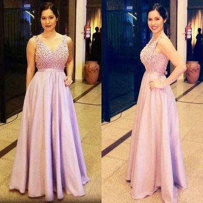 Elegant lavender satin A-line beading long prom dress V-neck sexy dress WK809