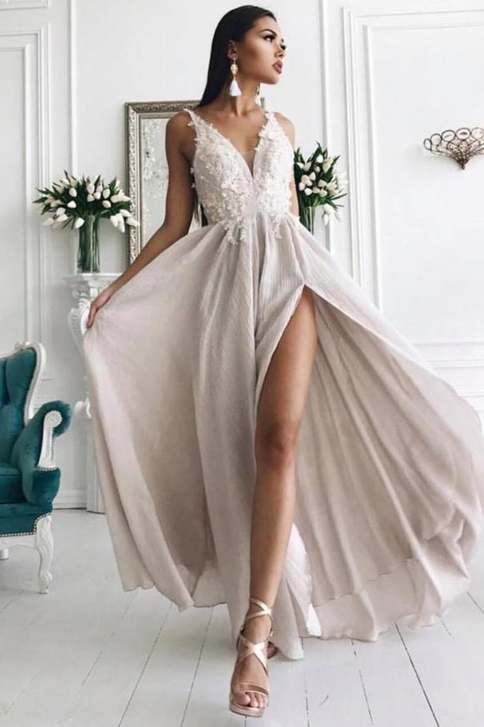 Flowy Front Split Long Ivory Lace V-Neck Prom Dresses Evening Dresses