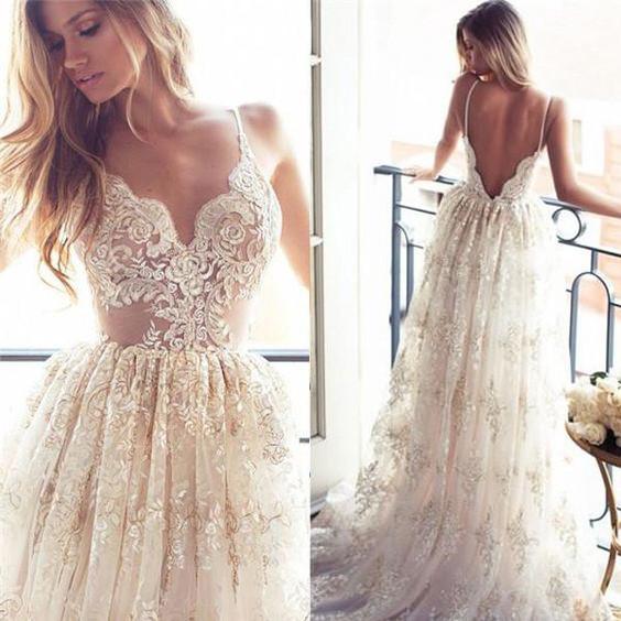 Lace A Line Sexy Spaghetti Straps Backless Beach Vintage Illusion Wedding Dresses WK349