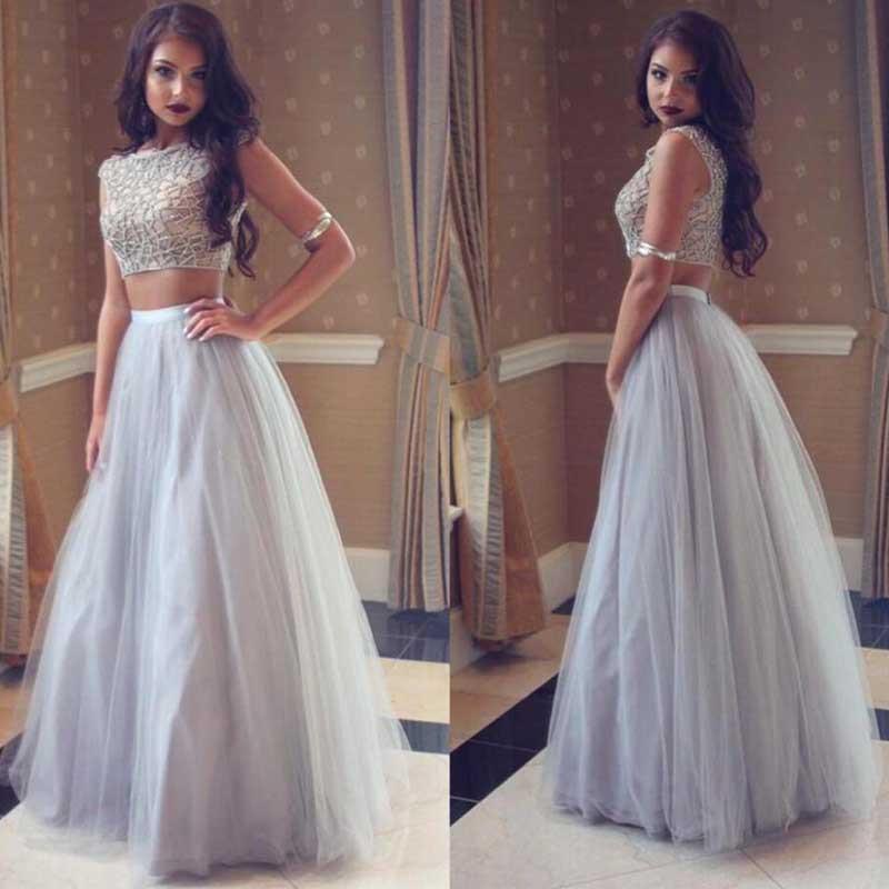 Grey Two Pieces Simple Tulle Long Scoop Sleeveless A-line Beading Evening Dresses WK988