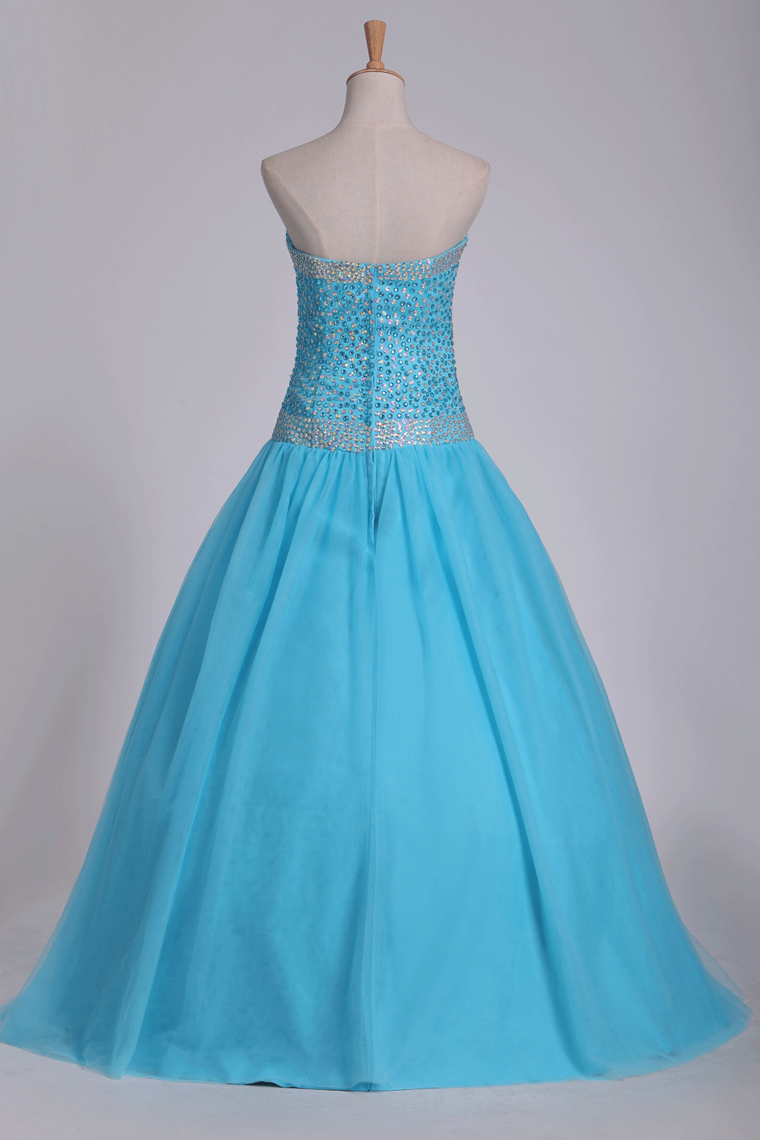 Tulle Floor Length Sweetheart Beaded Bodice Prom Gown A Line