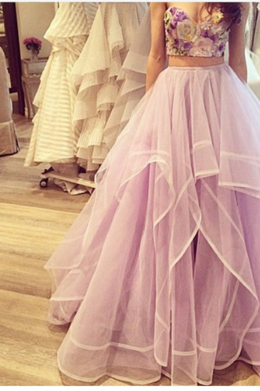 Two Pieces Sweetheart Prom Dresses Tulle With Embroidery