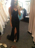 Black Long Sexy V-Neck Side Slit Sequins Sparkle Sleeveless Evening Dresses uk BD2802