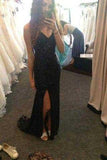 Black Long Sexy V-Neck Side Slit Sequins Sparkle Sleeveless Evening Dresses uk BD2802