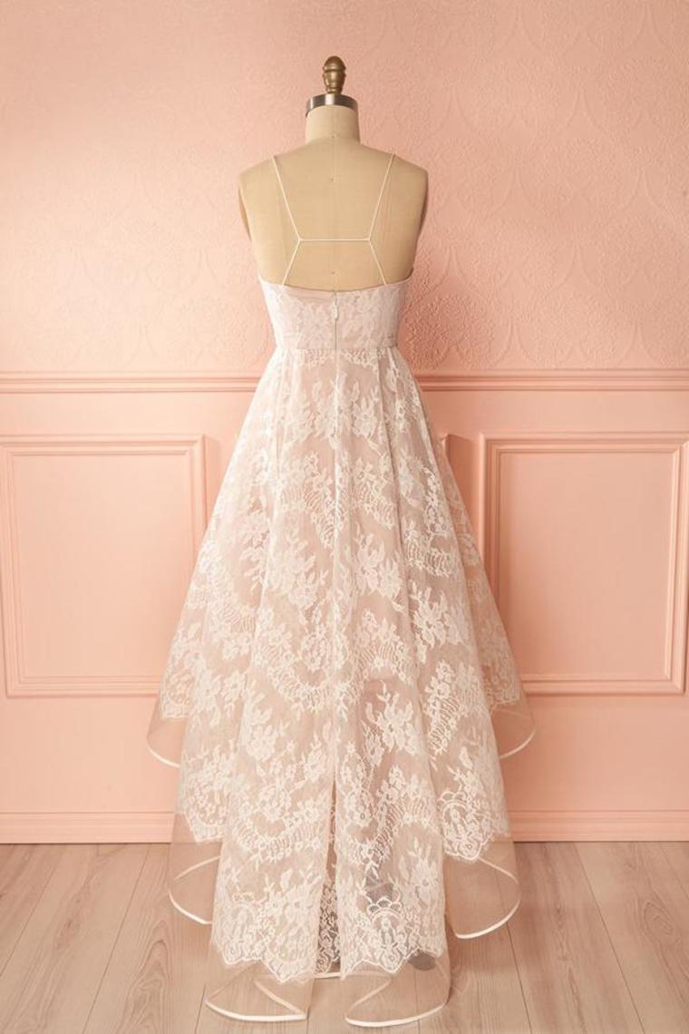 Spaghetti Straps Pink And Ivory Open Back Lace High Low Prom Dresses