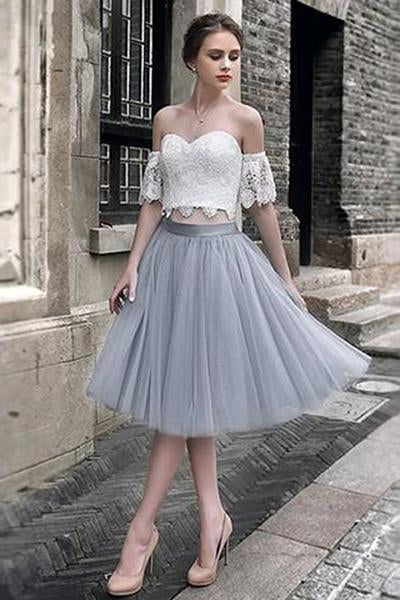 White Lace Tulle Two Pieces Off Shoulder Short Sleeve Short Prom Dress Homecoming Dress WK454