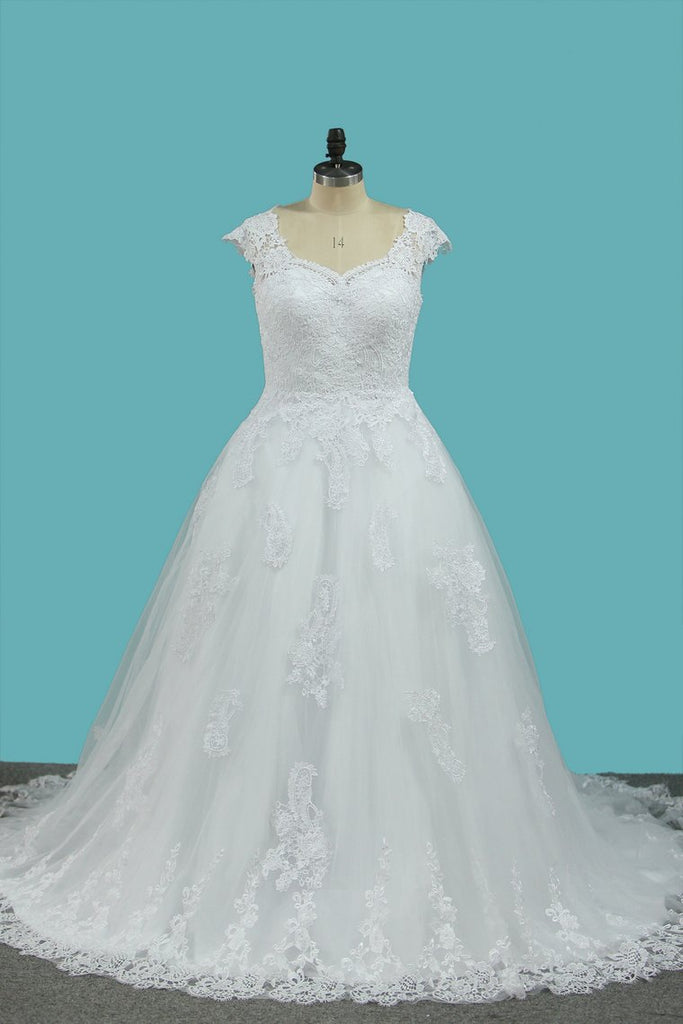 A Line Straps Wedding Dresses Tulle With Applique Sweep Train