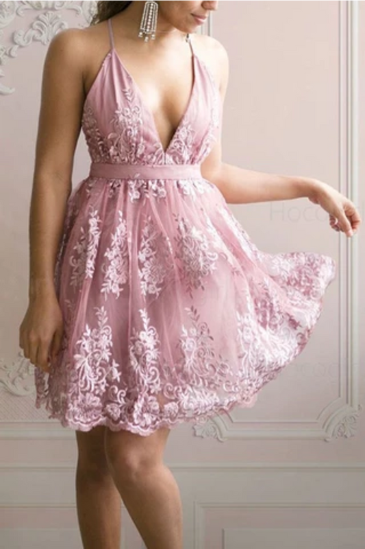 A Line Appliqued V-Neck Short Homecoming Dress