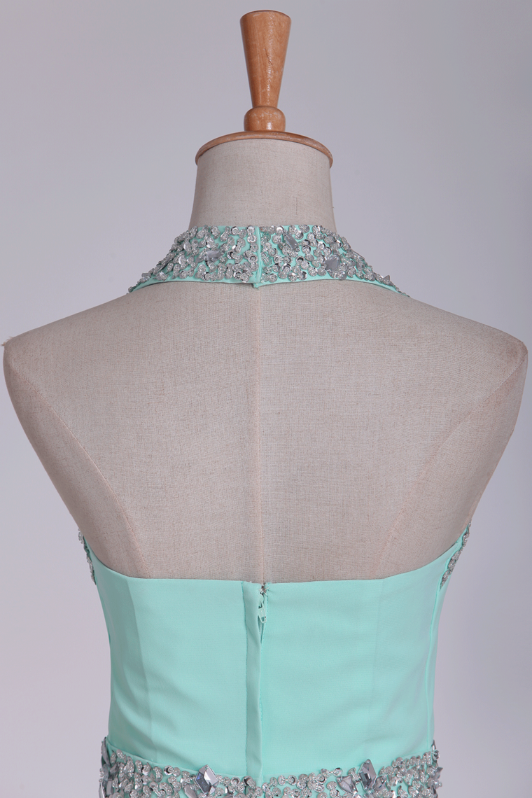 Mint Homecoming Dresses Halter A-Line Short/Mini Chiffon With Beading